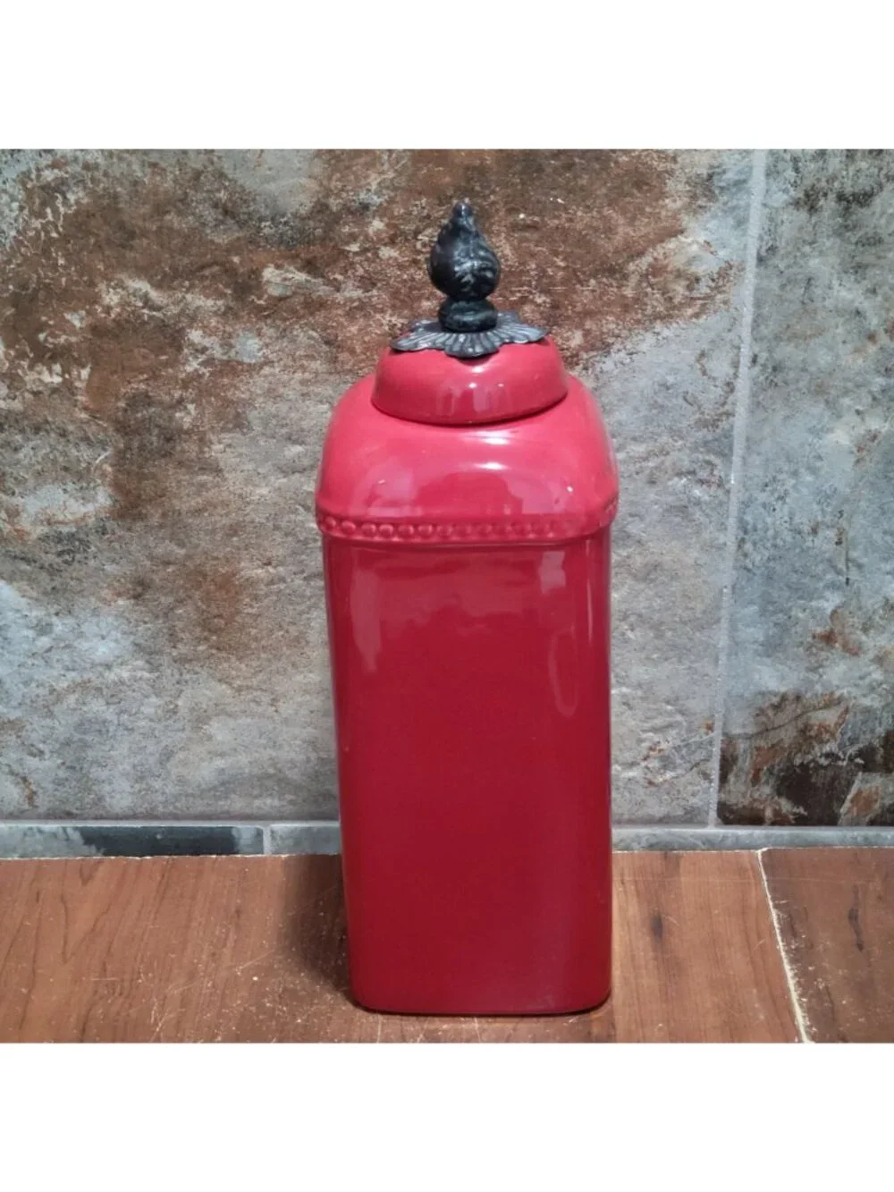 Red Ceramic Kitchen Canister Metal Lily Floral Finial 121/2 Inch Tall